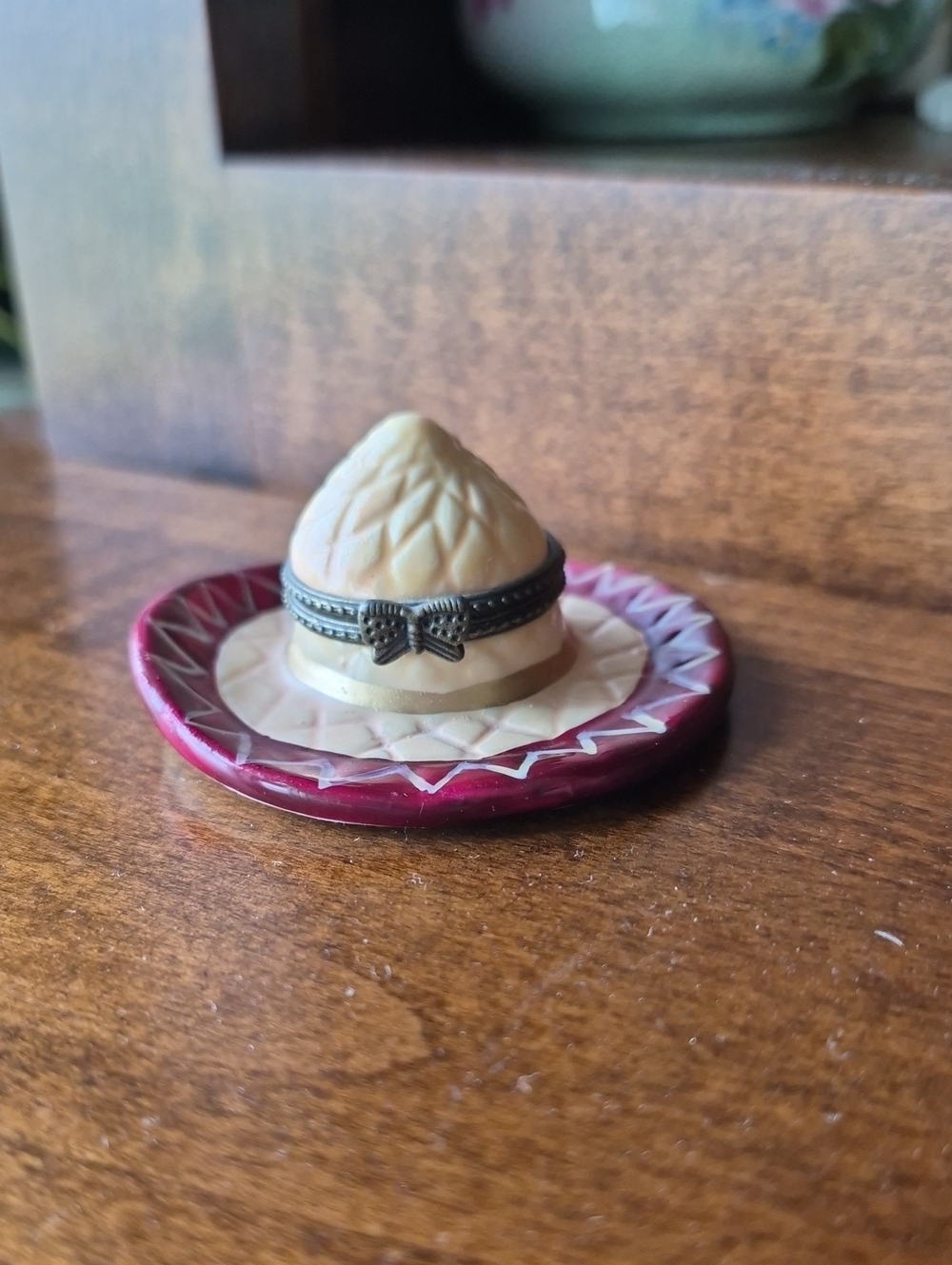 Decorative Ivory and Burgundy Miniature Hat Trinket Box